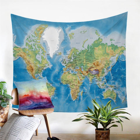 Image of World Map Blue Tapestry