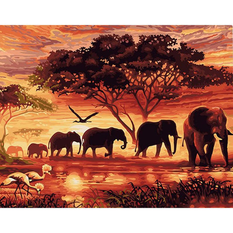 Image of Elephants Wandering In The Sunset Painting By Numbers