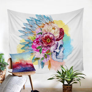 Colorful Skull and Floral Tapestry Pink