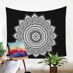 Mandala Floral Black and White Tapestry