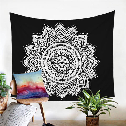 Image of Mandala Floral Black and White Tapestry