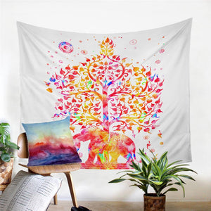 Colorful Tree Art Elephant Tapestry