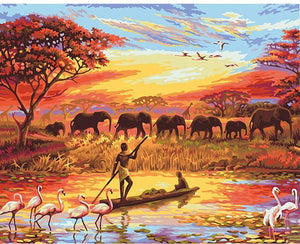 Elephant Sunset By The River  Painting By Numbers Kit