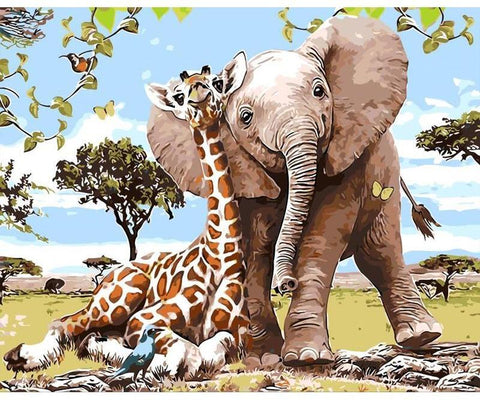 Image of Elephant And Giraffe Lounging Painting By Numbers Kit