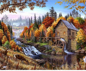 Water Mill House By The River  Painting By Numbers Kit