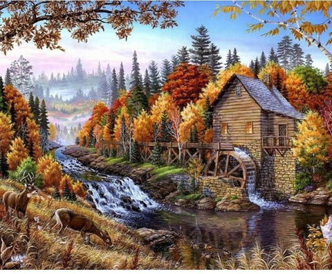 Image of Water Mill House By The River  Painting By Numbers Kit