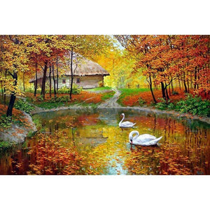 Painting By Diamond Kit Square Relaxing Swans In The Pond 5D