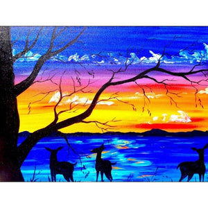 Painting By Diamond Kit Square Deers Watching The Sunrise 5D