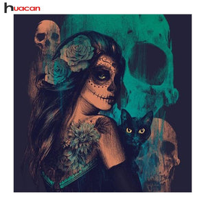 HUACAN DIY Character Diamond Mosaic Set Needlework Craft Halloween Decor 5D Diamond Painting Cross Stitch Skull and Cat Patterns