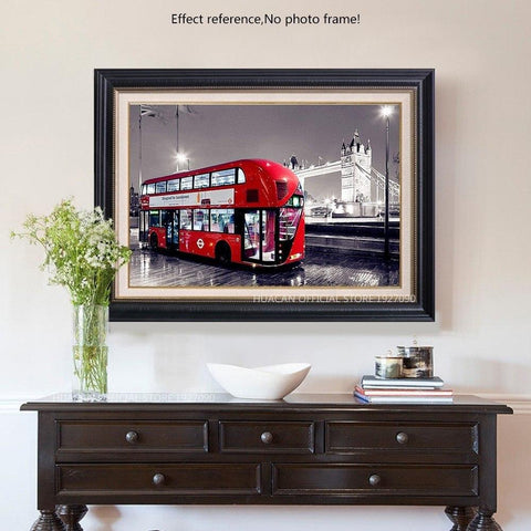 Image of HUACAN DIY Diamond Painting Landscape 5D Diamond Embroidery Cross Stitch Red Bus Full Drill Square Rhinestones Decoration Home