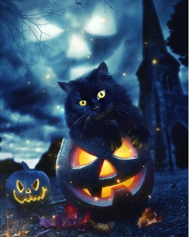 Image of Painting By Diamond Kit Halloween Cat And Pumpkin