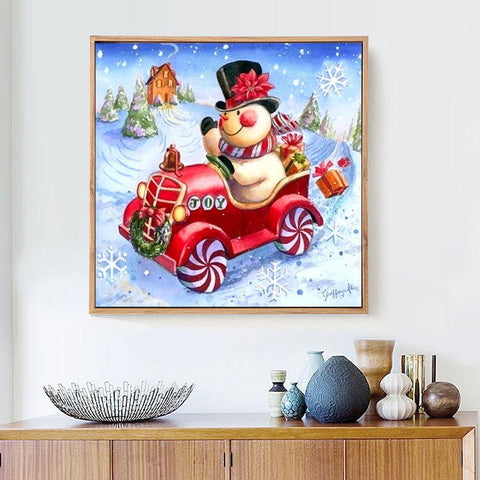 Image of Painting By Diamond Kit Square Christmas Snowman And His Car