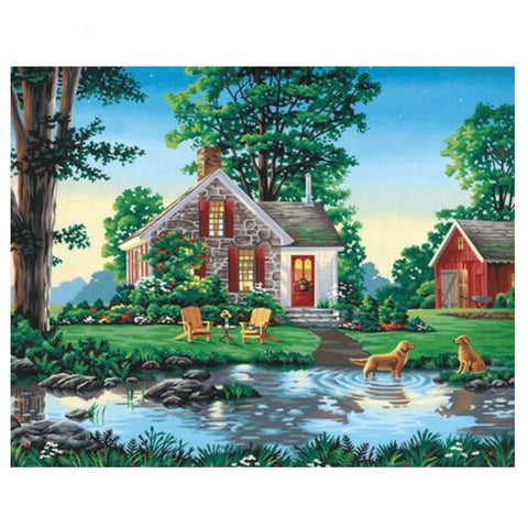 Image of Painting By Diamond Kit Square Countryside House By The Pond