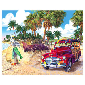 Painting By Diamond Kit Square Vintage Car By The Beach 3D