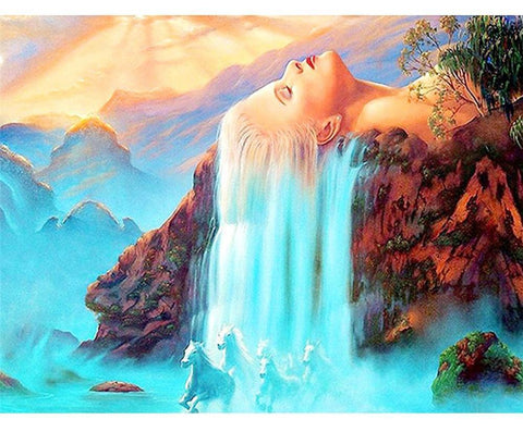 Image of Square Painting By Diamond Kit 3D Hair Waterfall With Horses