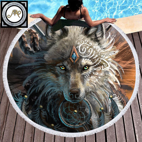 Image of Wolf Warrior by Sunima Art  Round Beach Towel